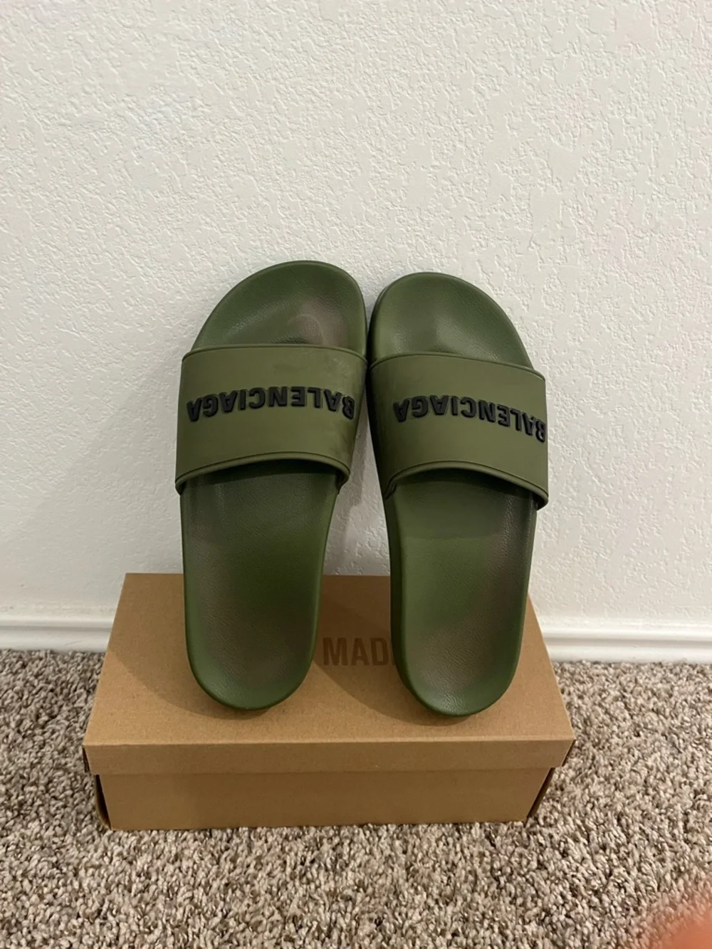 Balenciaga Olive Green Rubber Logo Slides with Black Lettering